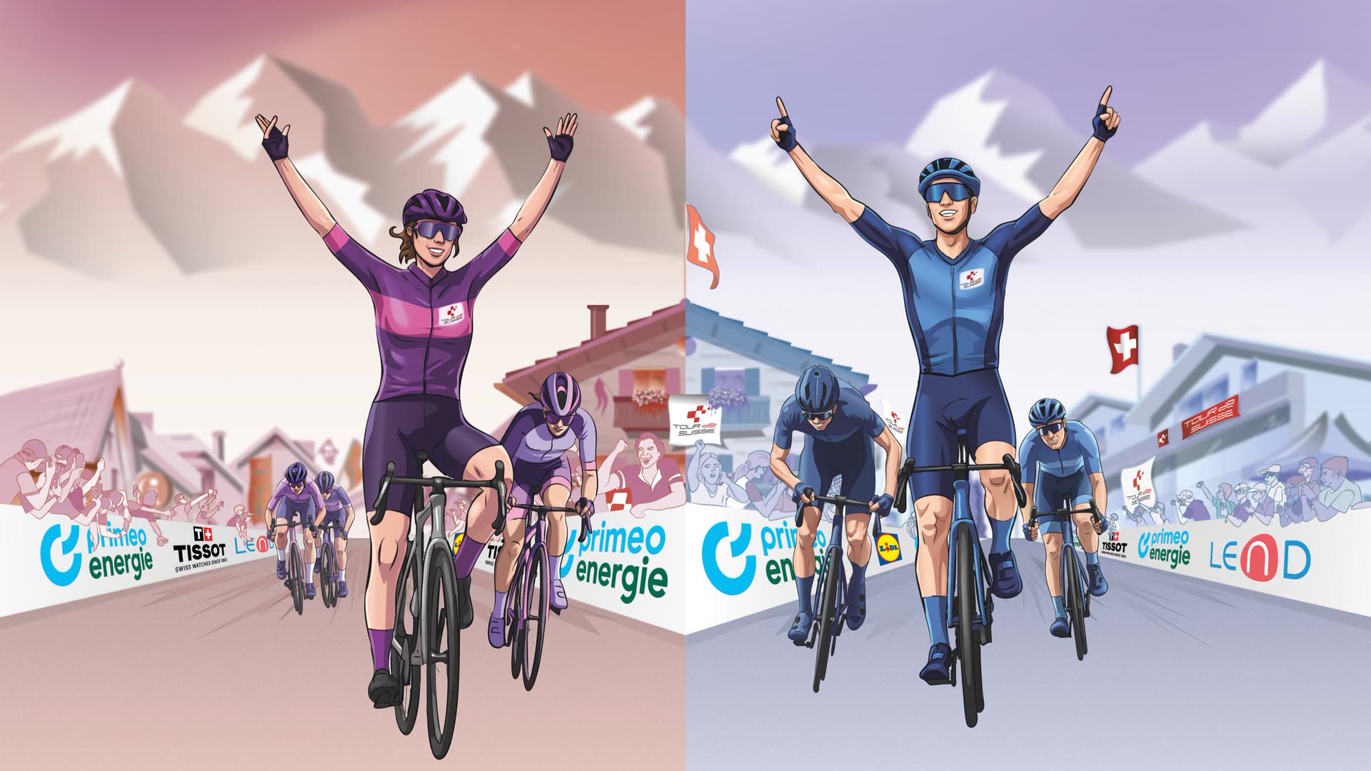 Illustration: Siegerin und Sieger der Tour de Suisse überqueren die Ziellinie in einem Schweizer Etappenort
