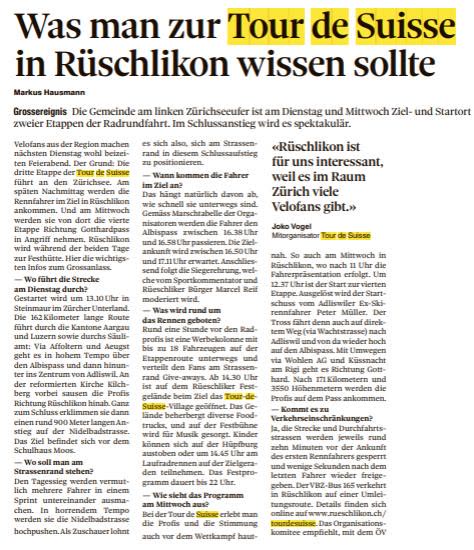 Zeitungsartikel: Was man zur Tour de Suisse in Rüschlikon wissen sollte