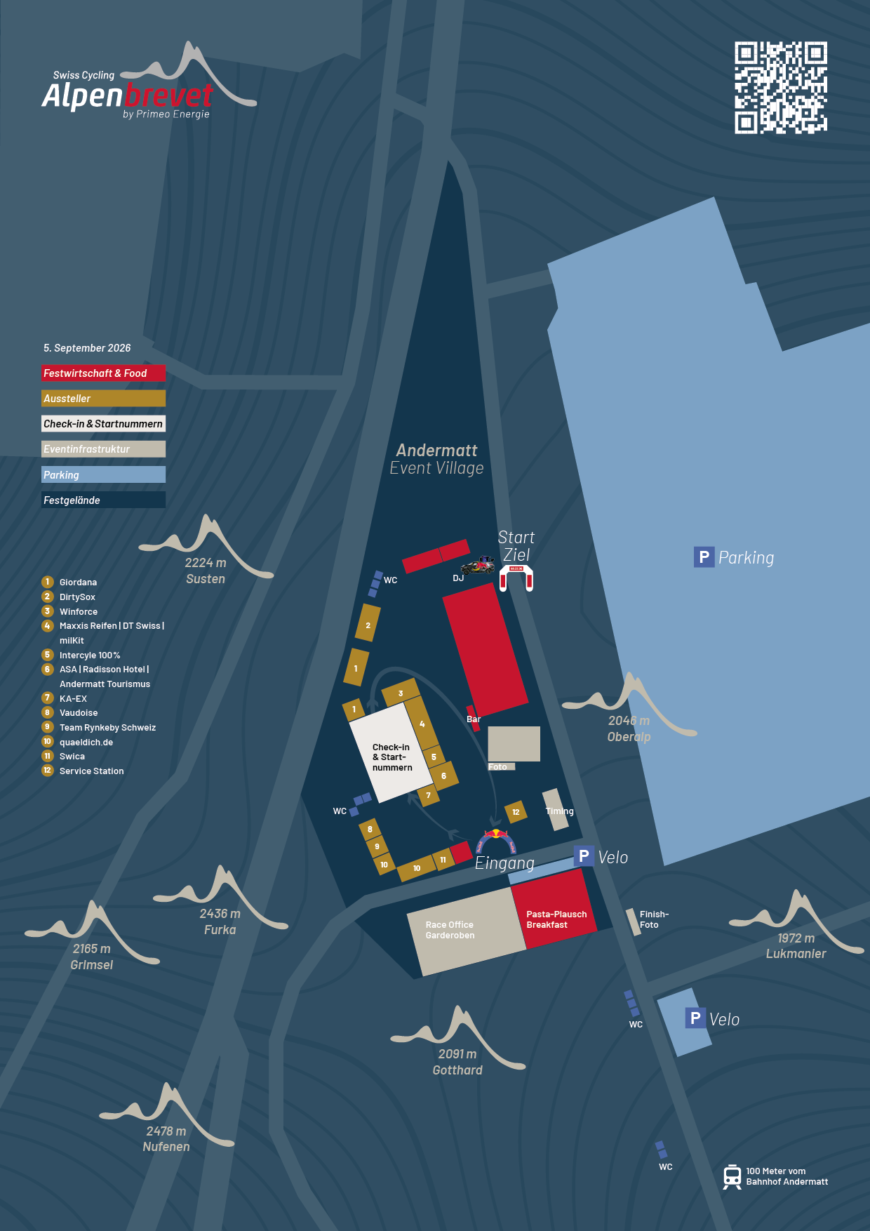 Eventmap Andermatt 2026: Event Village mit Check-in und Startnummern, Start/Ziel, Ausstellern, Eingang und Parking
