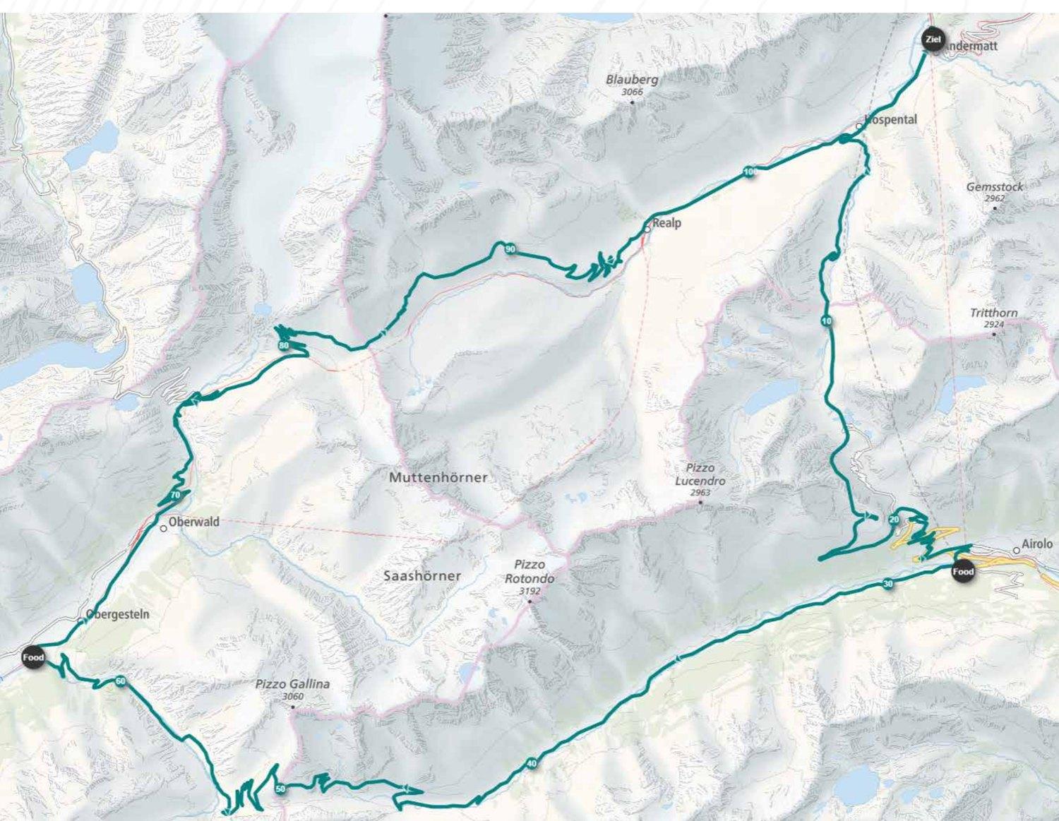 Streckenkarte der Silbertour mit Verpflegungsposten und Kilometerangaben