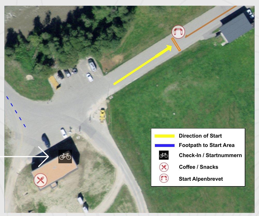 Luftbild des Startbereichs der Bronzetour in Ulrichen mit eingezeichnetem Weg zum Start, Check-in und Verpflegung